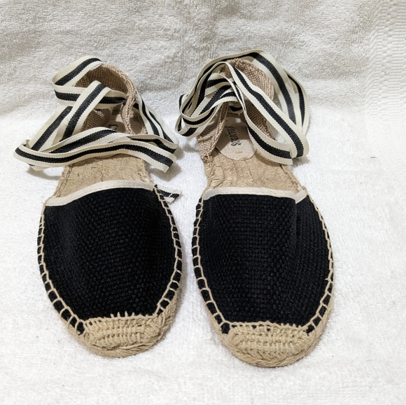 NWB Anthropologie Soludos Black and White Flat Ribbon Ankle Tie Espadrilles Sz 8 - Picture 3 of 8